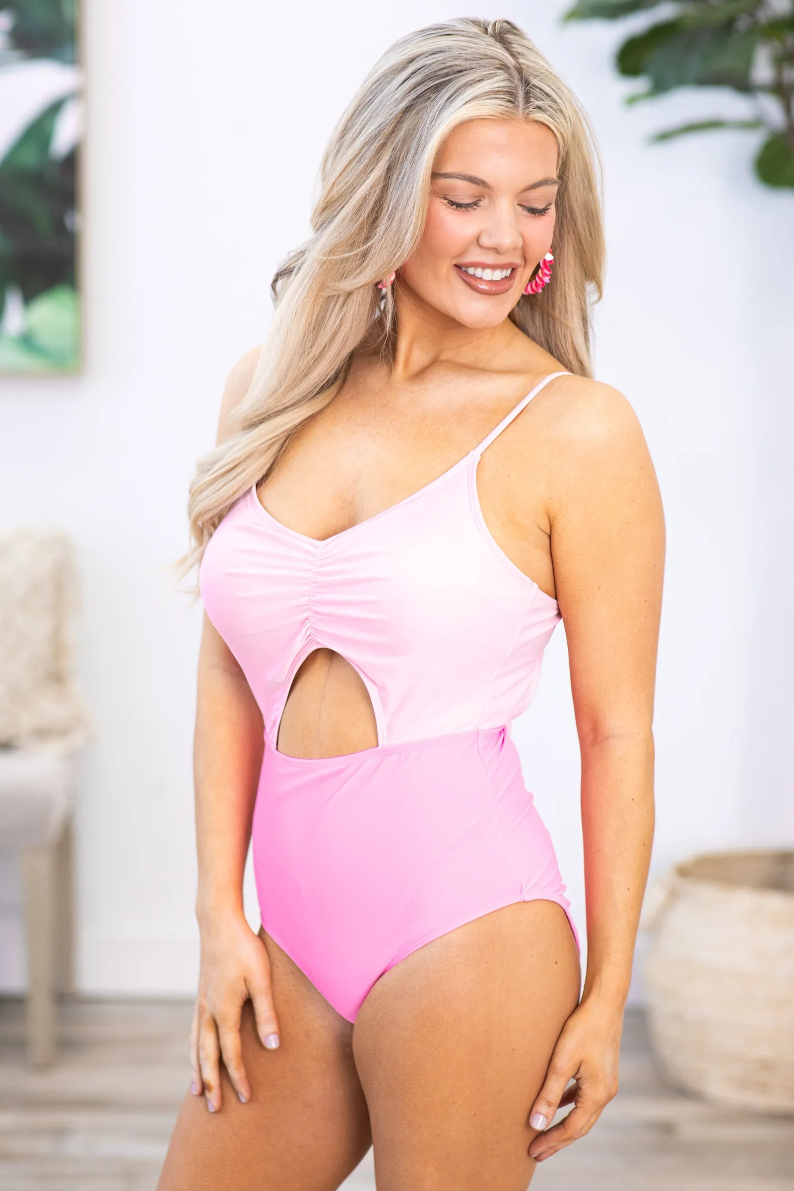 Pink Two Tone Cut Out One Piece Swimsuit