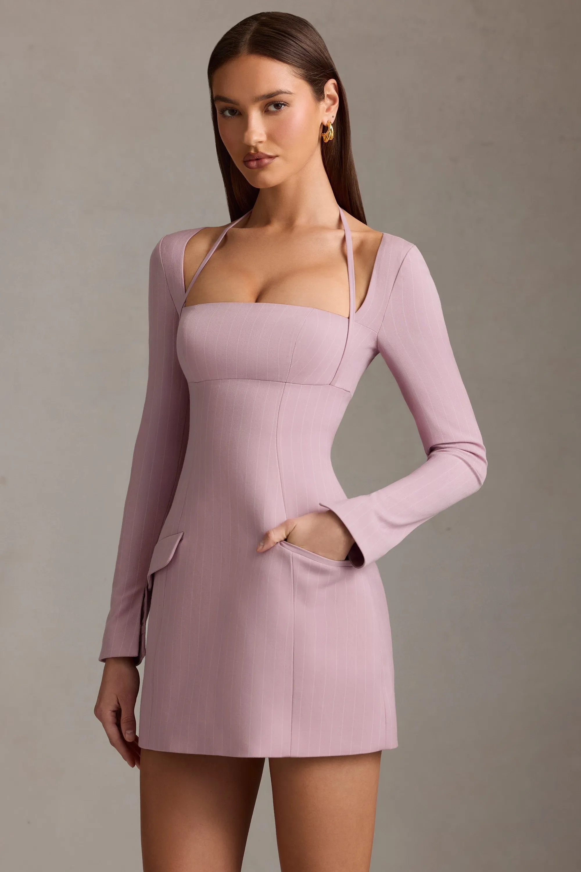 Pinstripe Structured A-Line Mini Dress in Mauve