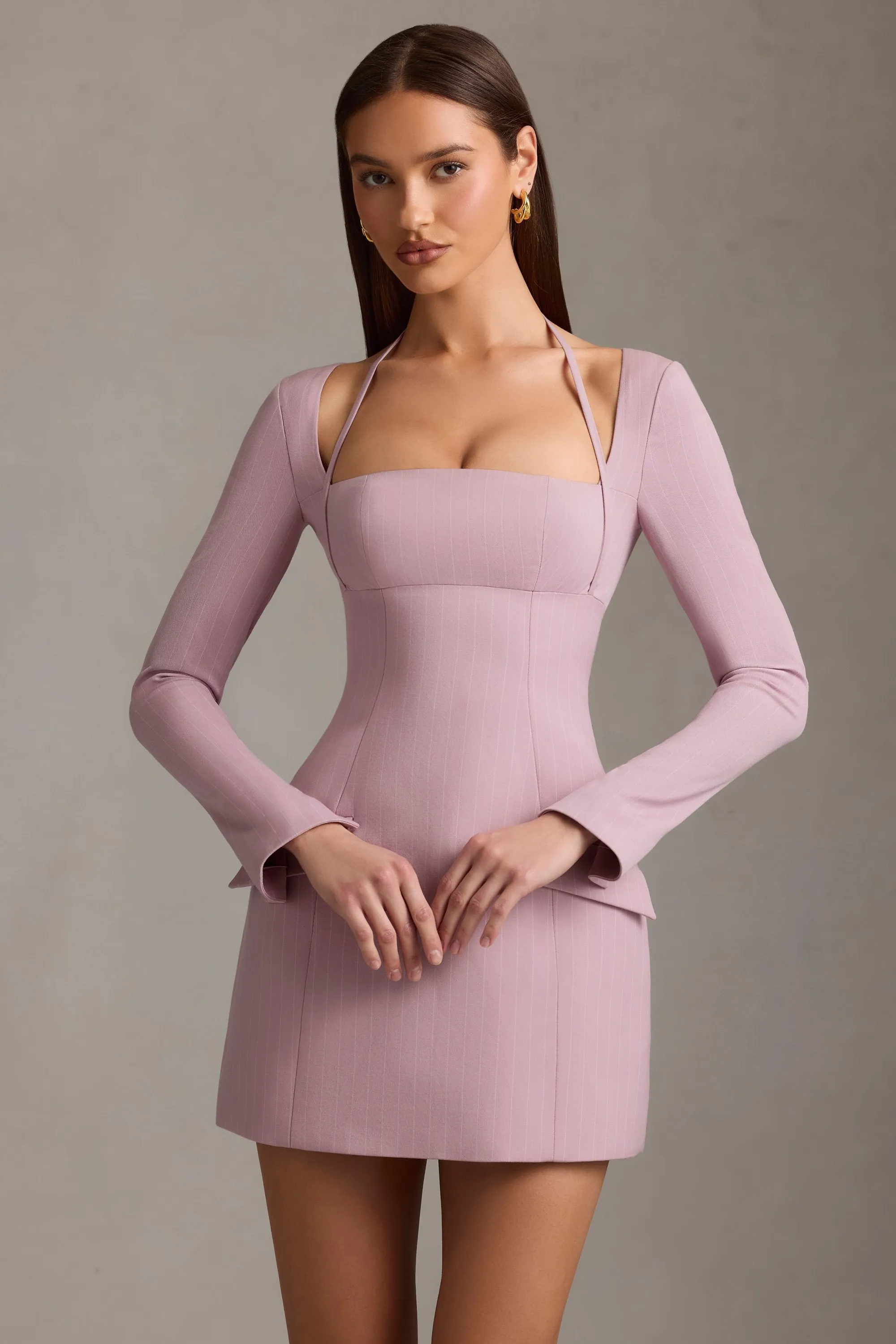 Pinstripe Structured A-Line Mini Dress in Mauve
