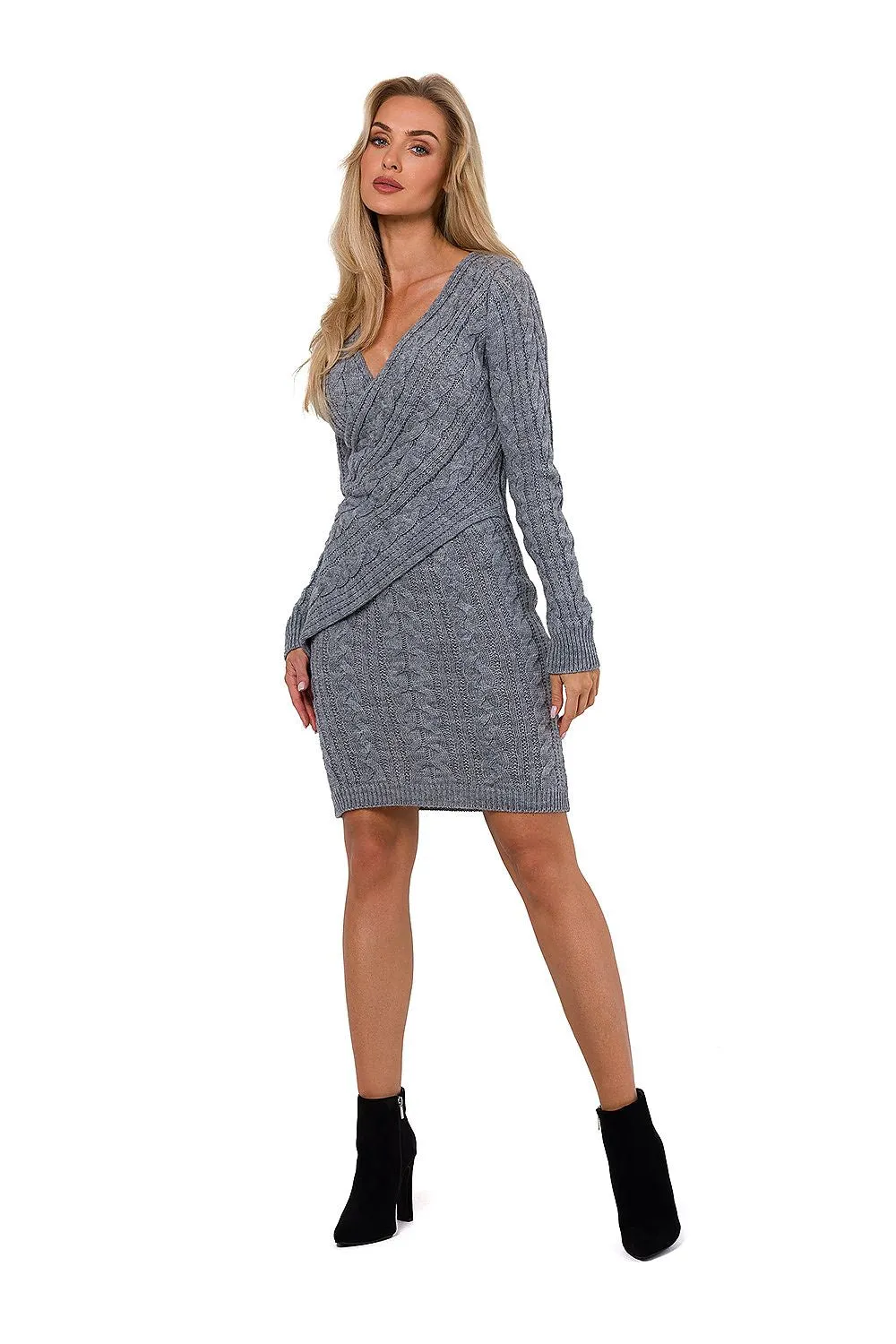 Plaid V-Neck Knit Sweater Dress