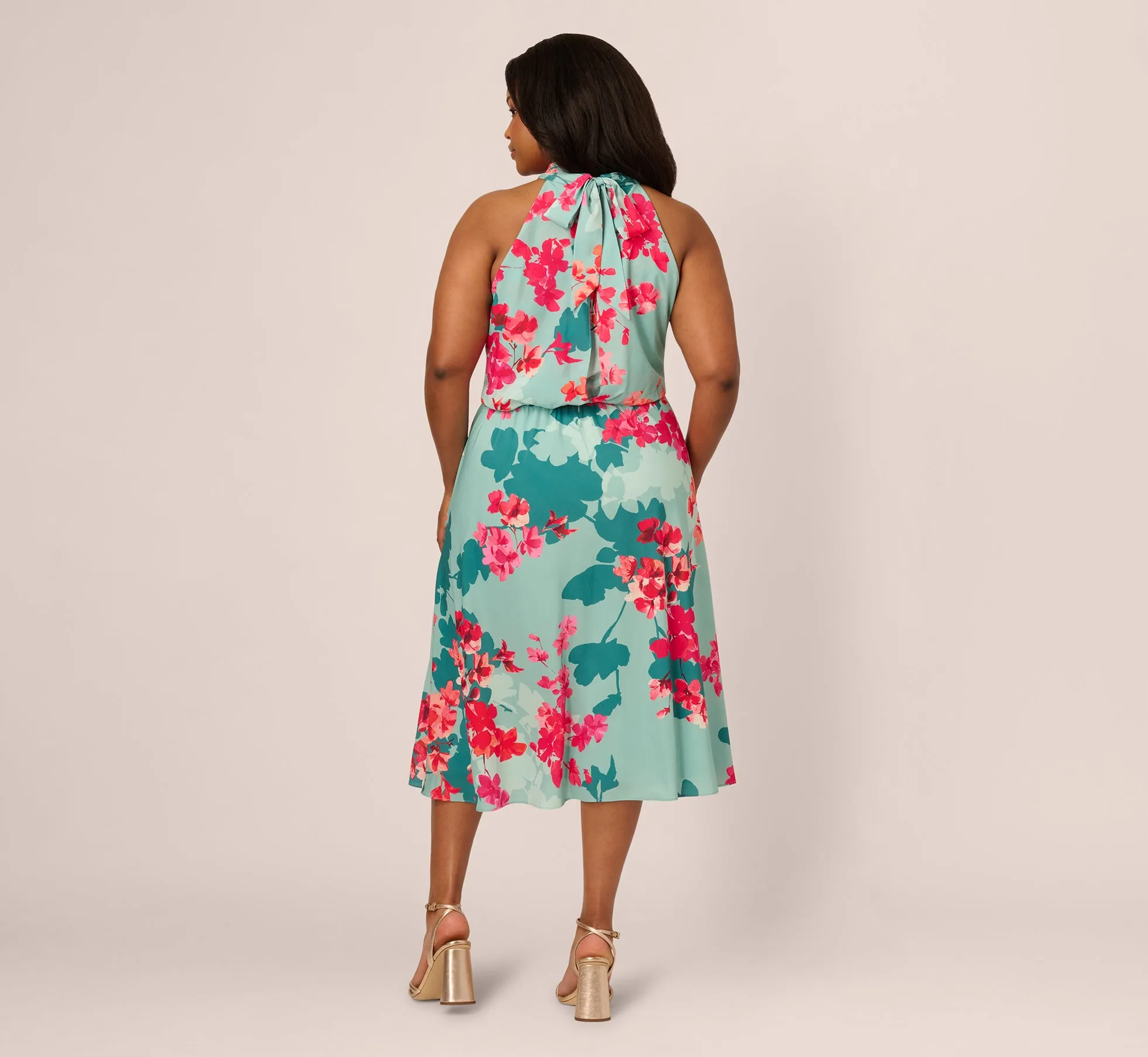 Plus Size Floral Chiffon Midi Halter Dress In Turquoise Multi