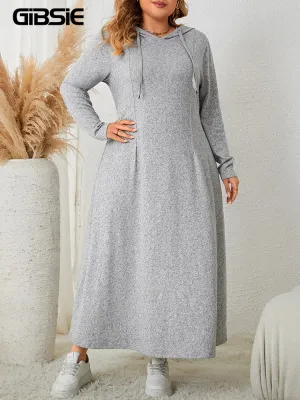 Plus Size Gray Drawstring Hoodie Maxi Dress – Casual Autumn Streetwear