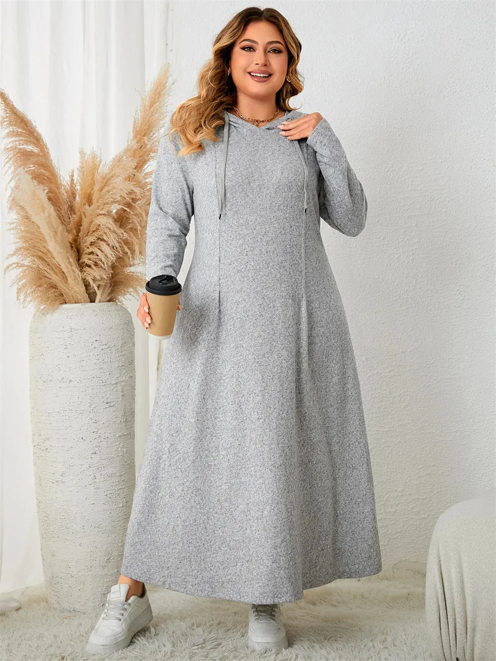 Plus Size Gray Drawstring Hoodie Maxi Dress – Casual Autumn Streetwear