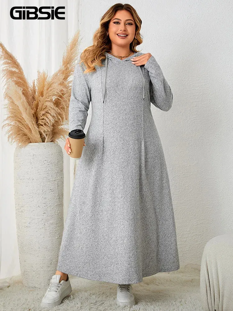 Plus Size Gray Drawstring Hoodie Maxi Dress – Casual Autumn Streetwear