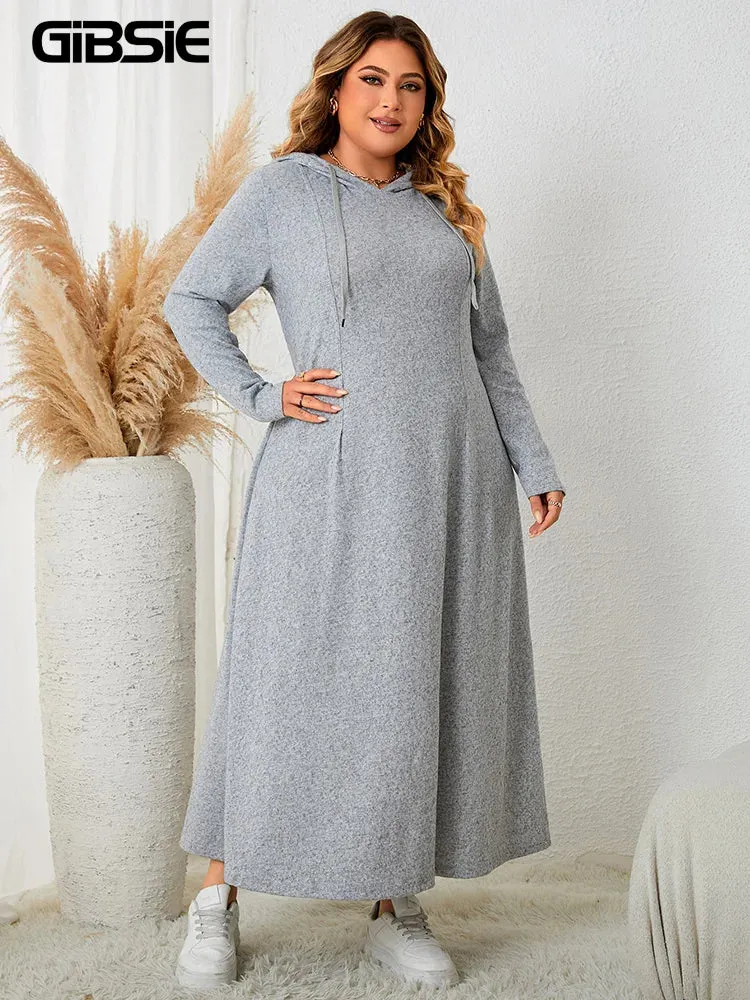 Plus Size Gray Drawstring Hoodie Maxi Dress – Casual Autumn Streetwear