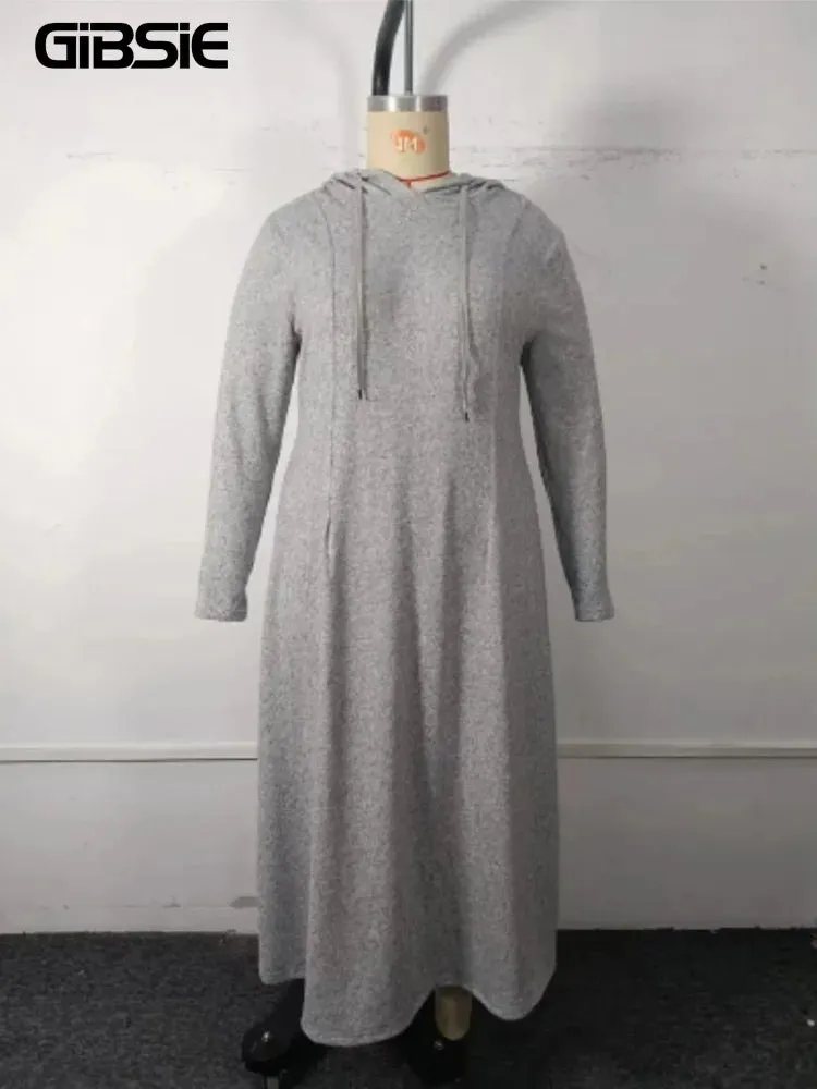 Plus Size Gray Drawstring Hoodie Maxi Dress – Casual Autumn Streetwear