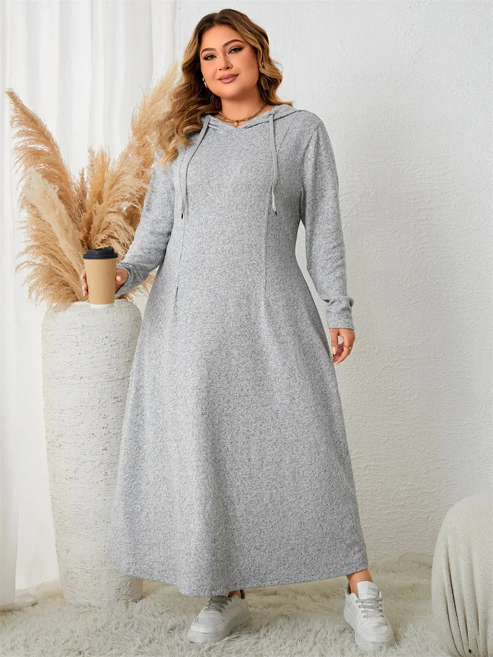 Plus Size Gray Drawstring Hoodie Maxi Dress – Casual Autumn Streetwear