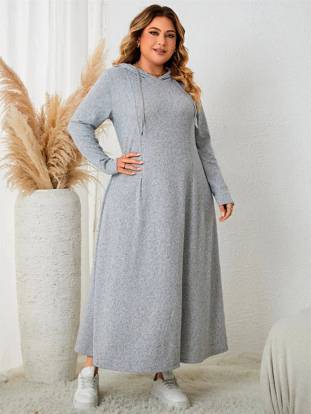 Plus Size Gray Drawstring Hoodie Maxi Dress – Casual Autumn Streetwear