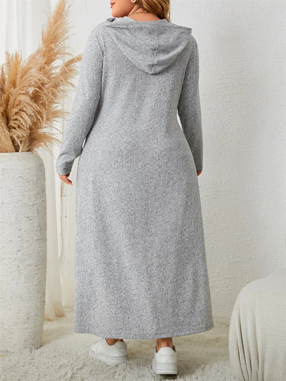 Plus Size Gray Drawstring Hoodie Maxi Dress – Casual Autumn Streetwear