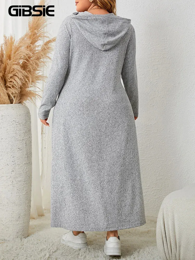 Plus Size Gray Drawstring Hoodie Maxi Dress – Casual Autumn Streetwear