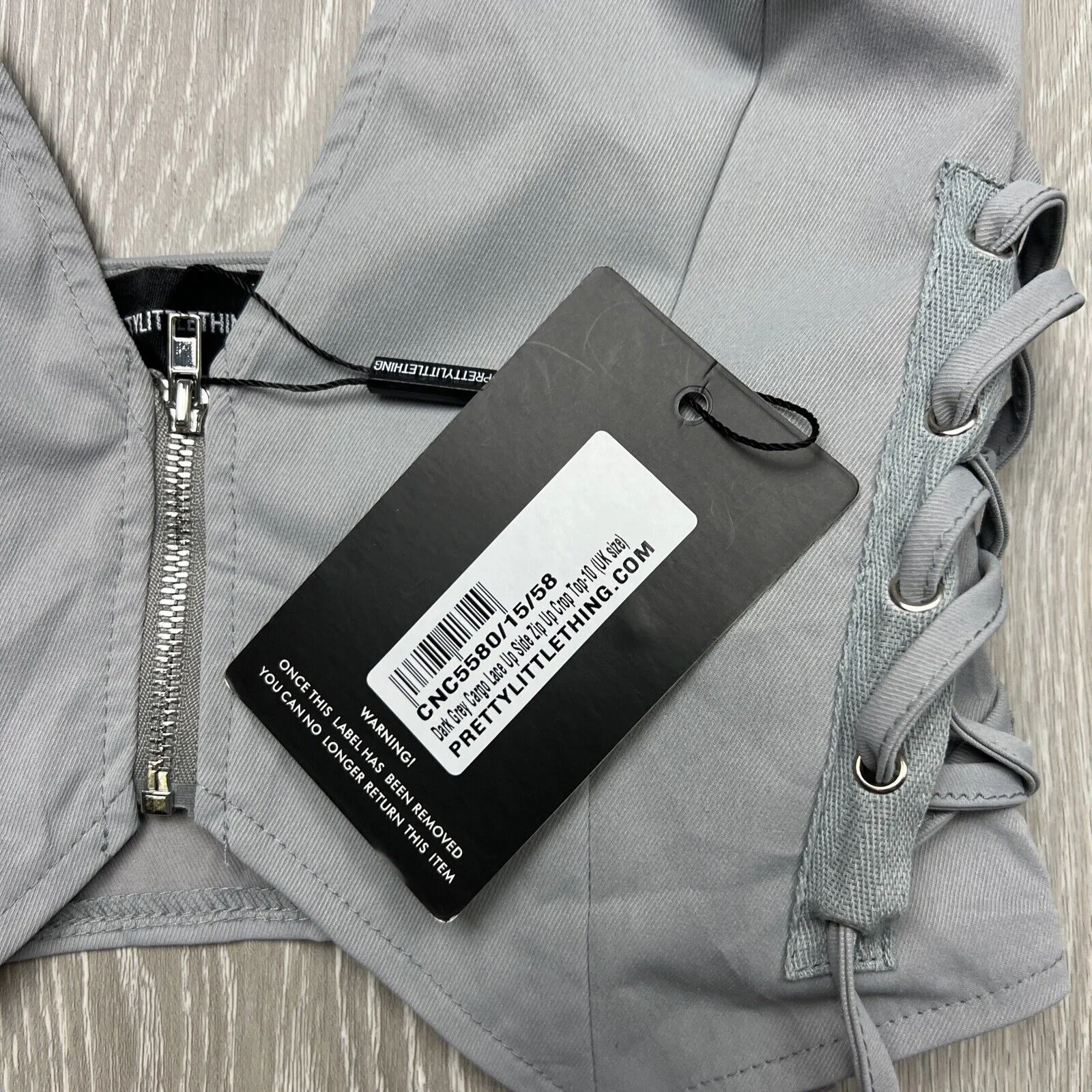 PRETTYLITTLETHING Grey Cargo Lace Up Size Zip Up Crop Top Size 10 (New)