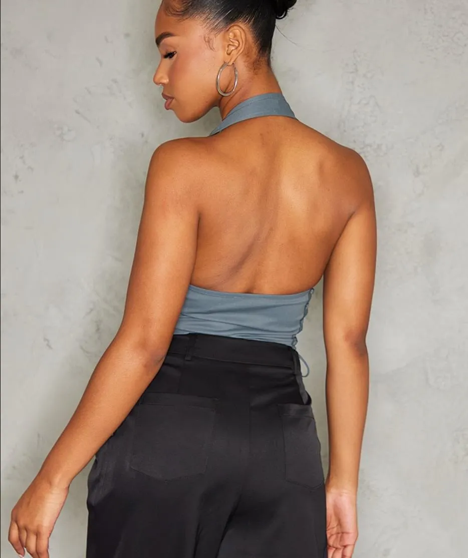 PRETTYLITTLETHING Grey Cargo Lace Up Size Zip Up Crop Top Size 10 (New)