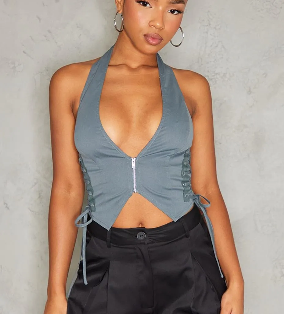 PRETTYLITTLETHING Grey Cargo Lace Up Size Zip Up Crop Top Size 10 (New)