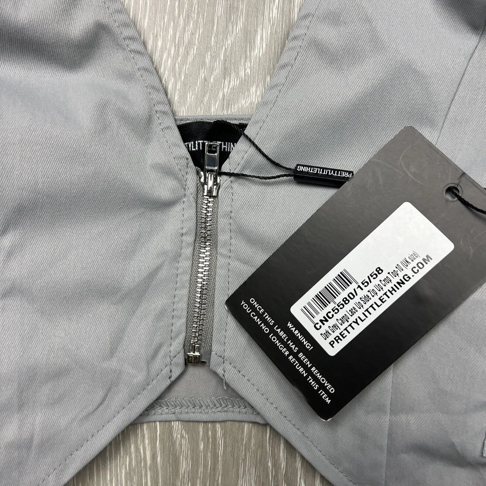 PRETTYLITTLETHING Grey Cargo Lace Up Size Zip Up Crop Top Size 10 (New)