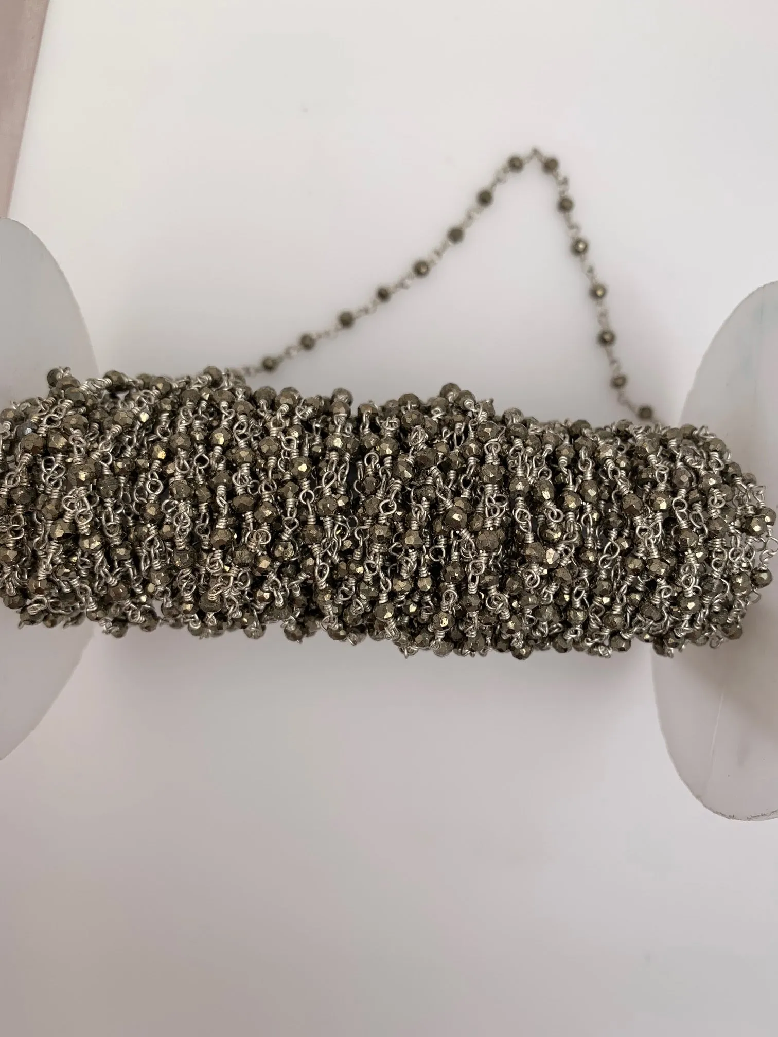 Pyrite Chain | Natural Pyrite Beads on Silver Plated Wire Chain | Faceted Beaded Chain | 3mm Pyrite Beads | 1 Foot
