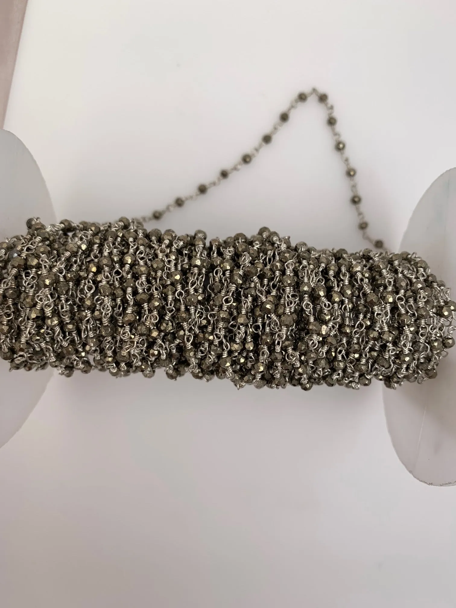 Pyrite Chain | Natural Pyrite Beads on Silver Plated Wire Chain | Faceted Beaded Chain | 3mm Pyrite Beads | 1 Foot