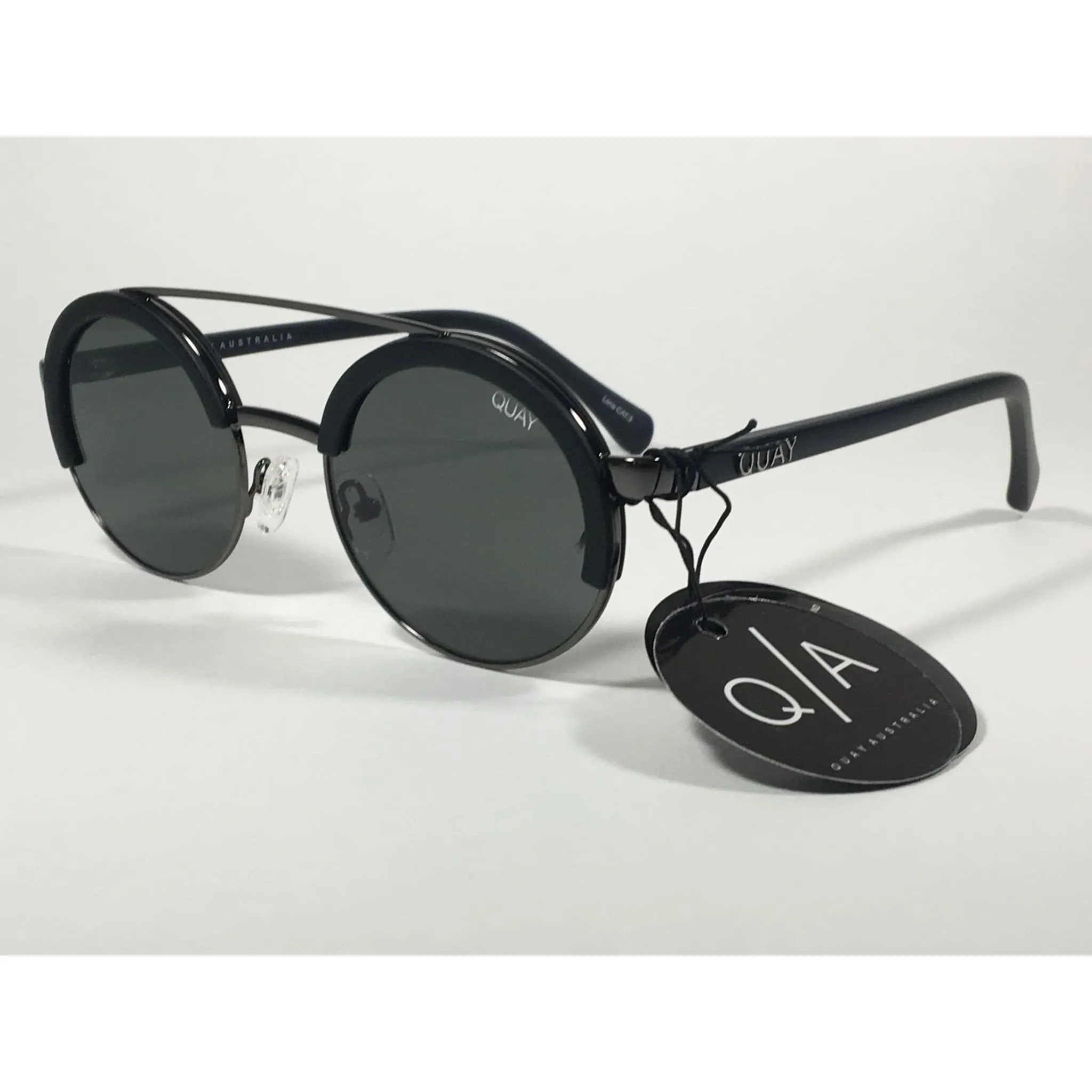 Quay Australia QW000365 BLK/GRN Come Around Round Brow Bar Sunglasses Black Frame Green Lens