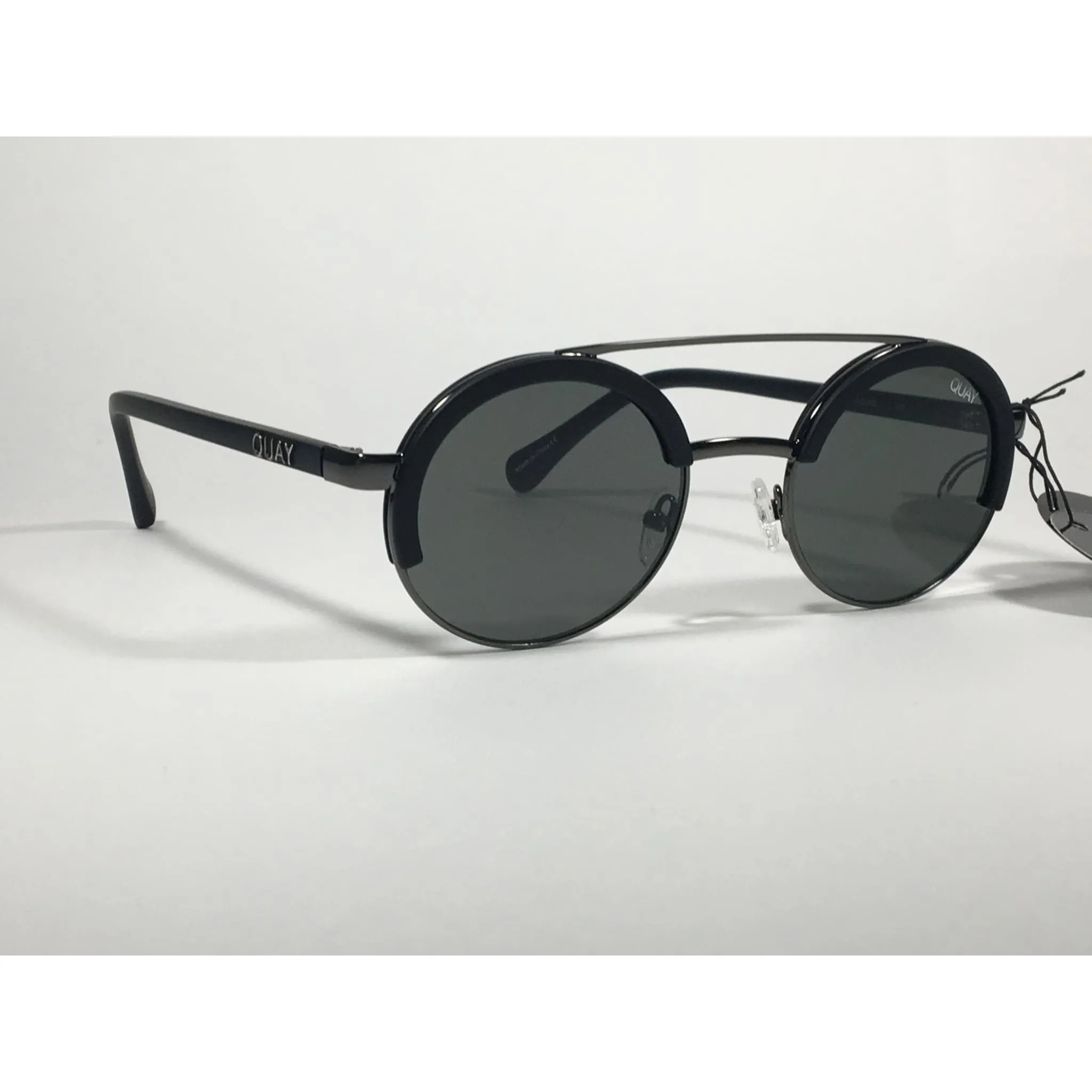 Quay Australia QW000365 BLK/GRN Come Around Round Brow Bar Sunglasses Black Frame Green Lens