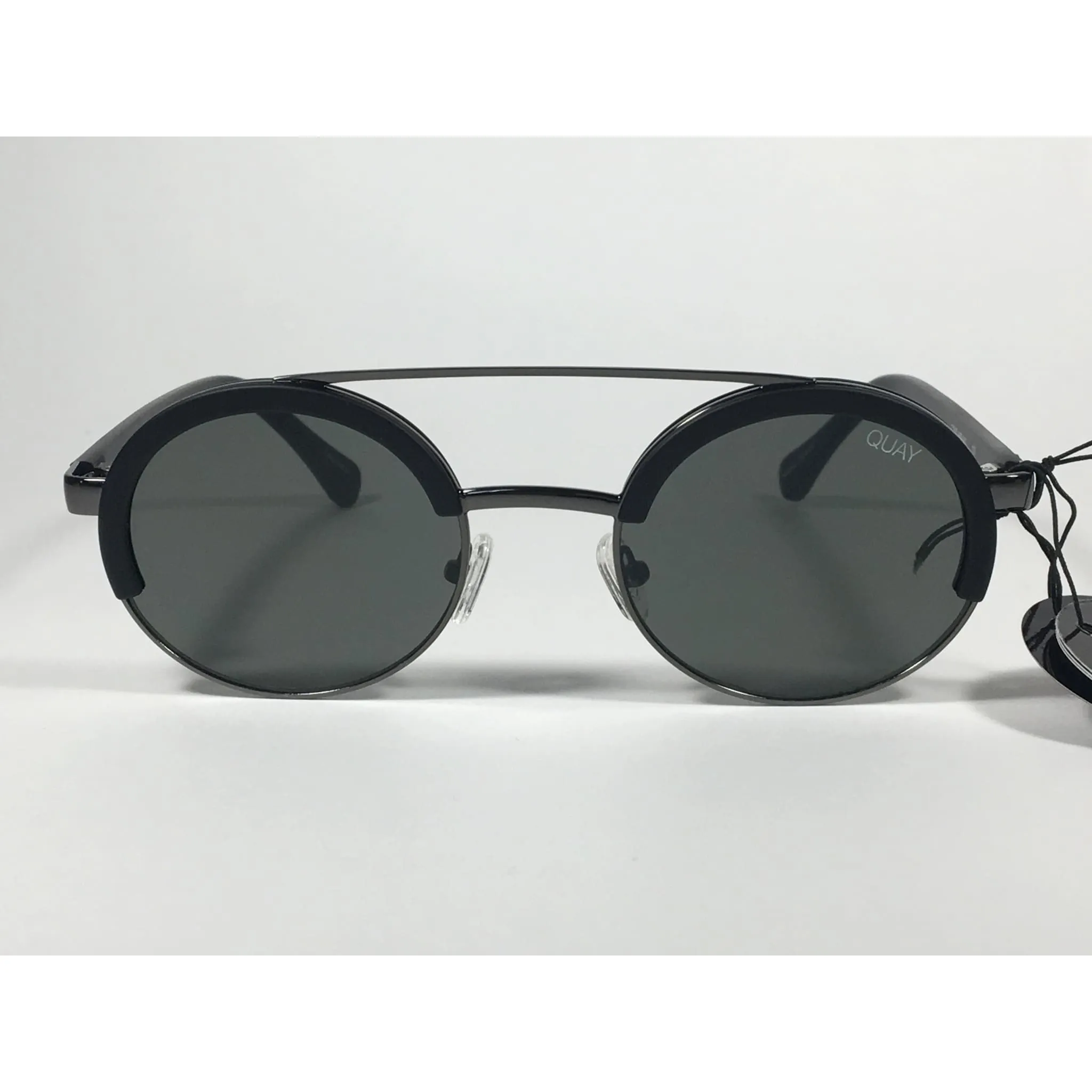 Quay Australia QW000365 BLK/GRN Come Around Round Brow Bar Sunglasses Black Frame Green Lens