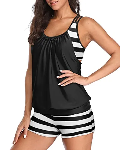 Racerback Blouson Two Piece Tankini Swimsuits For Women-Black And White Stripe