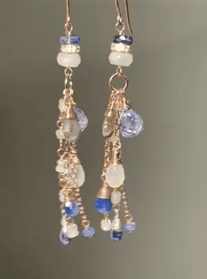 Rainbow Moonstone, Labradorite, Kyanite, Rose Gold Long Boho Earrings Blue White
