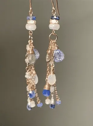 Rainbow Moonstone, Labradorite, Kyanite, Rose Gold Long Boho Earrings Blue White