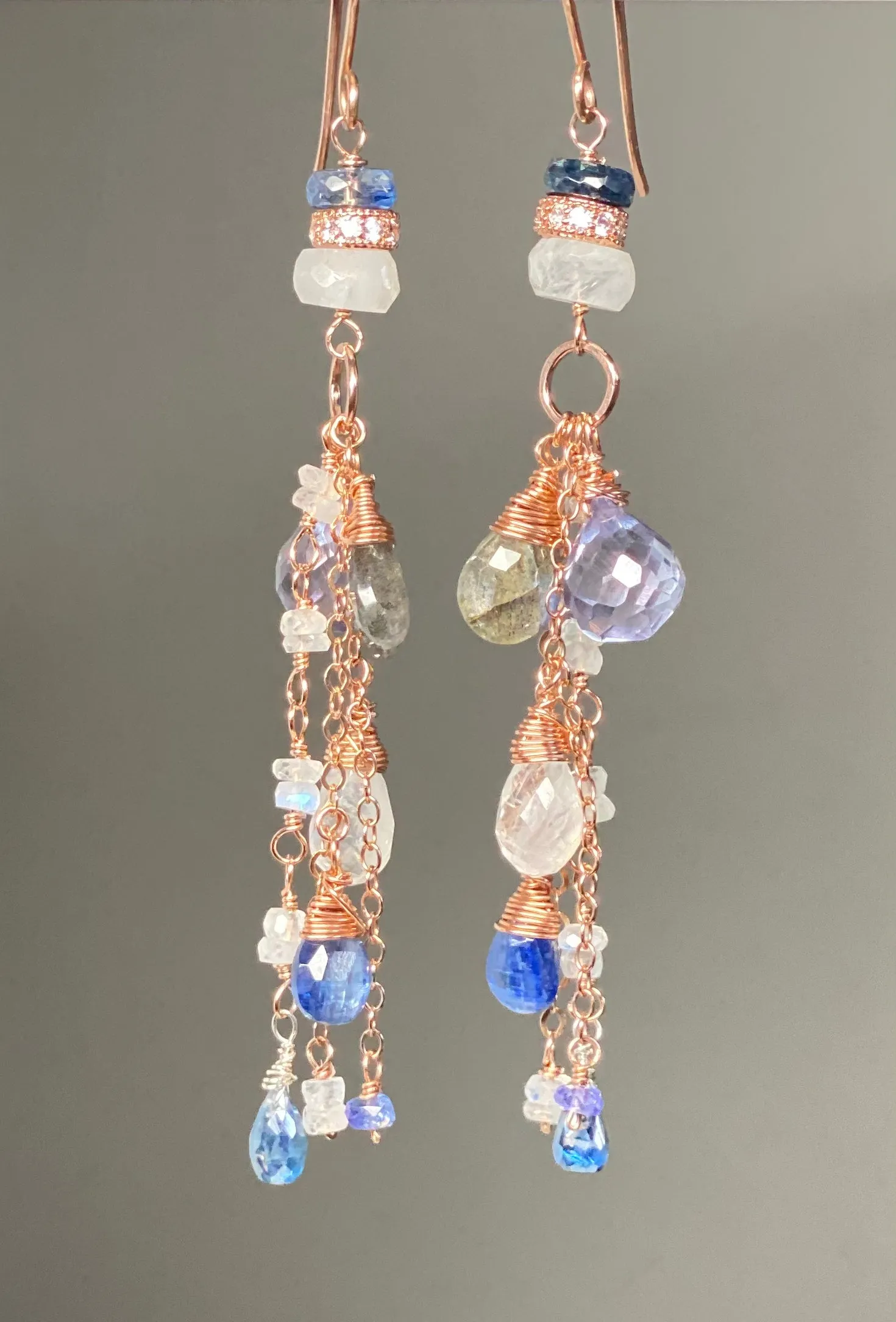 Rainbow Moonstone, Labradorite, Kyanite, Rose Gold Long Boho Earrings Blue White