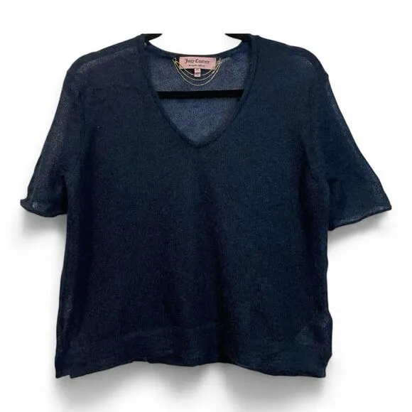 Rare JUICY COUTURE Navy Blue Mohair Wool Blend Short‎ Sleeve Fuzzy Sweater XS