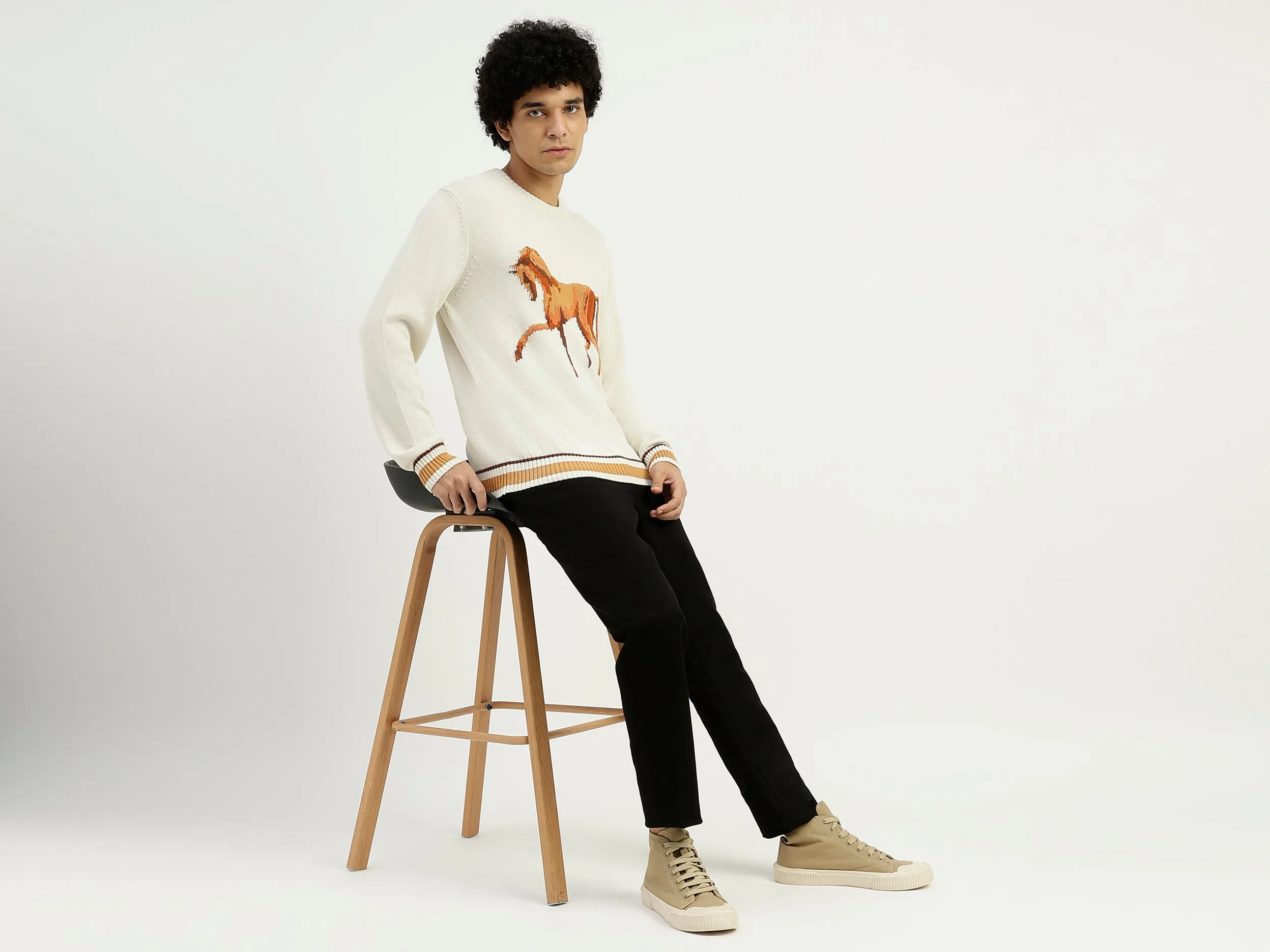 Relaxed Fit Round Neck Printed Sweater