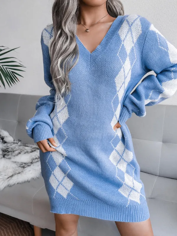 Rhombus Pattern Knitted Sweater Dress with V-Neck and Long Sleeves