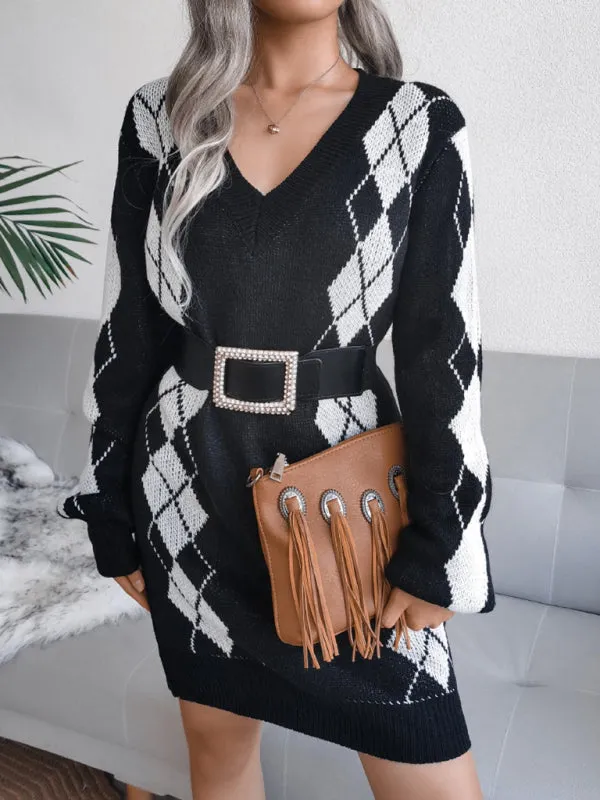 Rhombus Pattern Knitted Sweater Dress with V-Neck and Long Sleeves