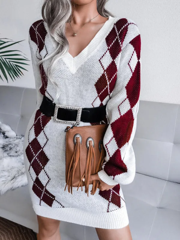 Rhombus Pattern Knitted Sweater Dress with V-Neck and Long Sleeves