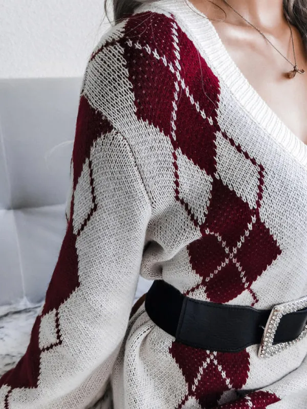 Rhombus Pattern Knitted Sweater Dress with V-Neck and Long Sleeves