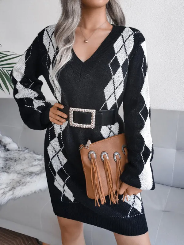 Rhombus Pattern Knitted Sweater Dress with V-Neck and Long Sleeves