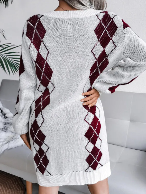 Rhombus Pattern Knitted Sweater Dress with V-Neck and Long Sleeves