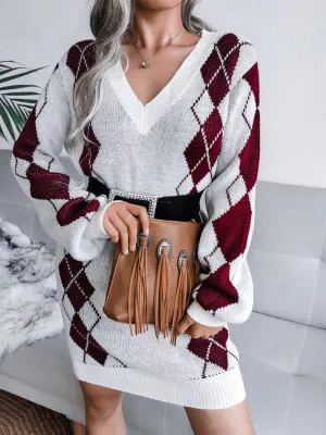 Rhombus Pattern Knitted Sweater Dress with V-Neck and Long Sleeves