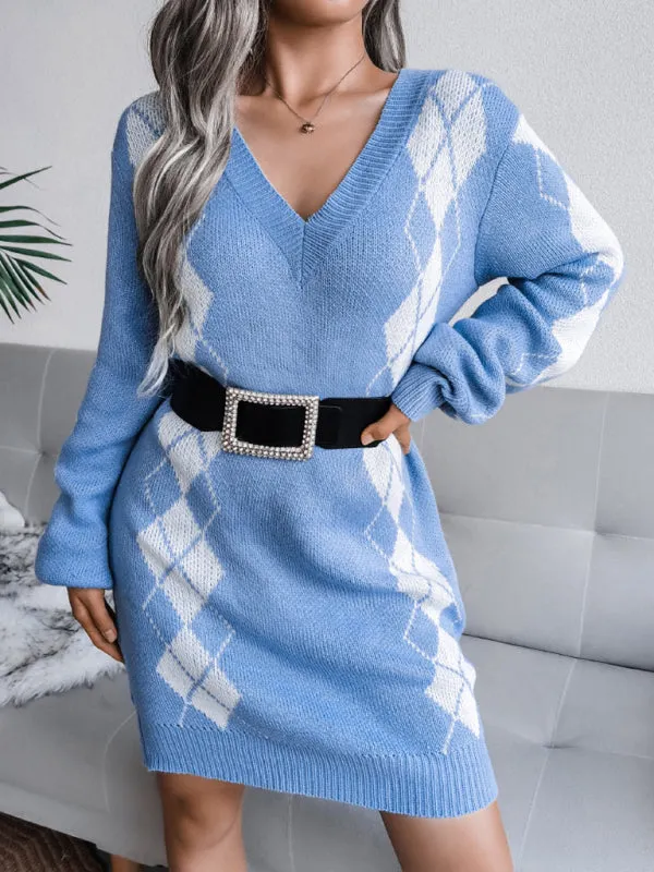 Rhombus Pattern Knitted Sweater Dress with V-Neck and Long Sleeves