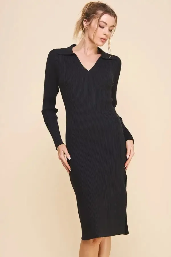 RIBBED V-NECK COLLARED SWEATER DRESS