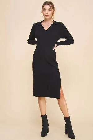 RIBBED V-NECK COLLARED SWEATER DRESS