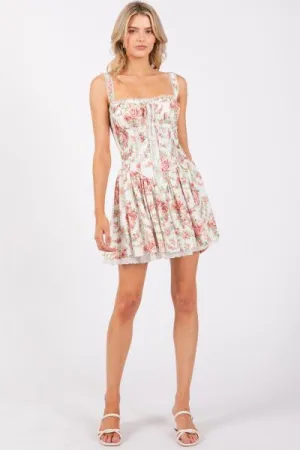 Rose Print Pleated Lace Detail Corset Mini Dress -