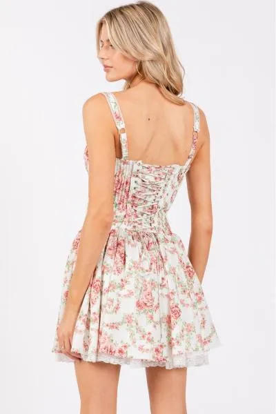 Rose Print Pleated Lace Detail Corset Mini Dress -
