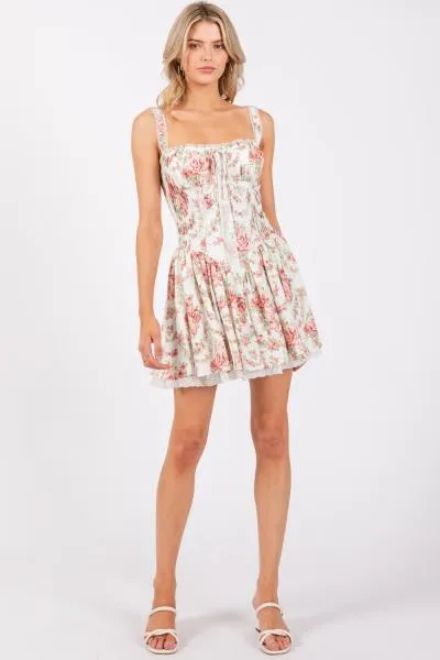 Rose Print Pleated Lace Detail Corset Mini Dress -