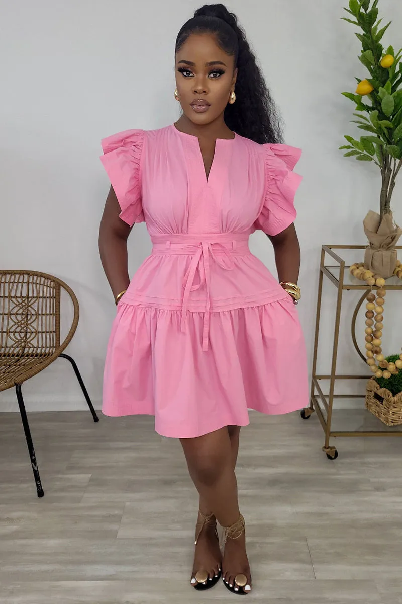 Ruffle Sleeveless Notched Neck Quilted A-Line Mini Dresses-Pink