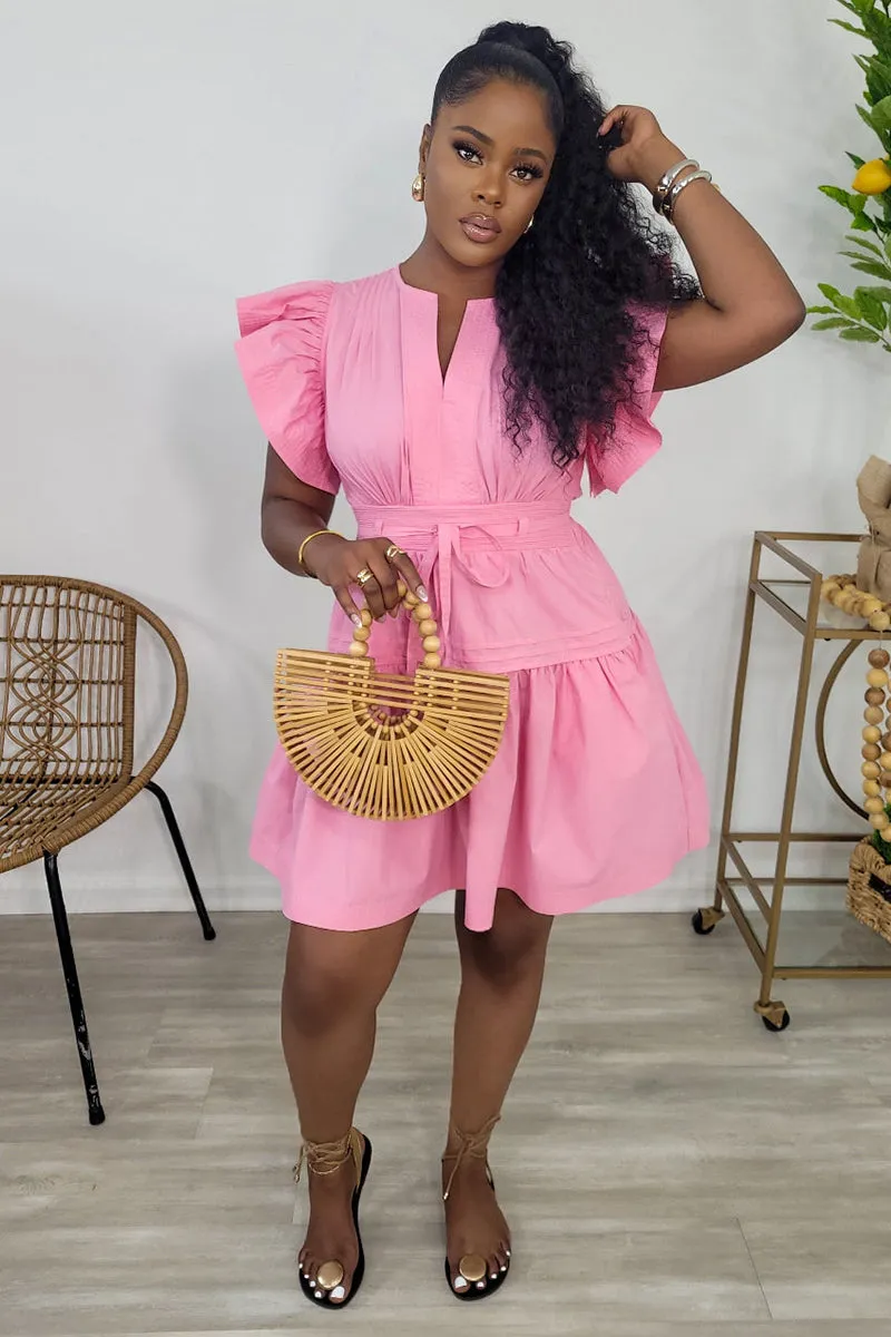 Ruffle Sleeveless Notched Neck Quilted A-Line Mini Dresses-Pink