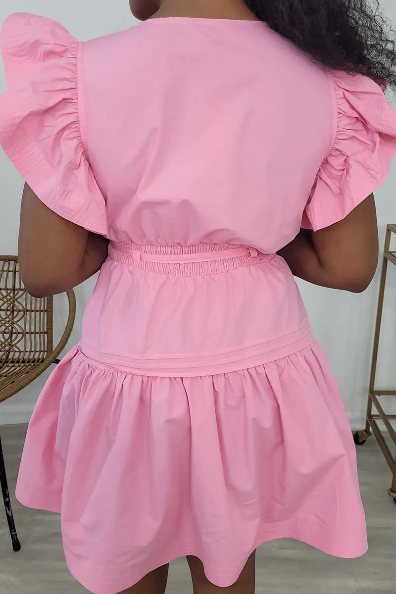Ruffle Sleeveless Notched Neck Quilted A-Line Mini Dresses-Pink