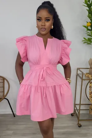 Ruffle Sleeveless Notched Neck Quilted A-Line Mini Dresses-Pink