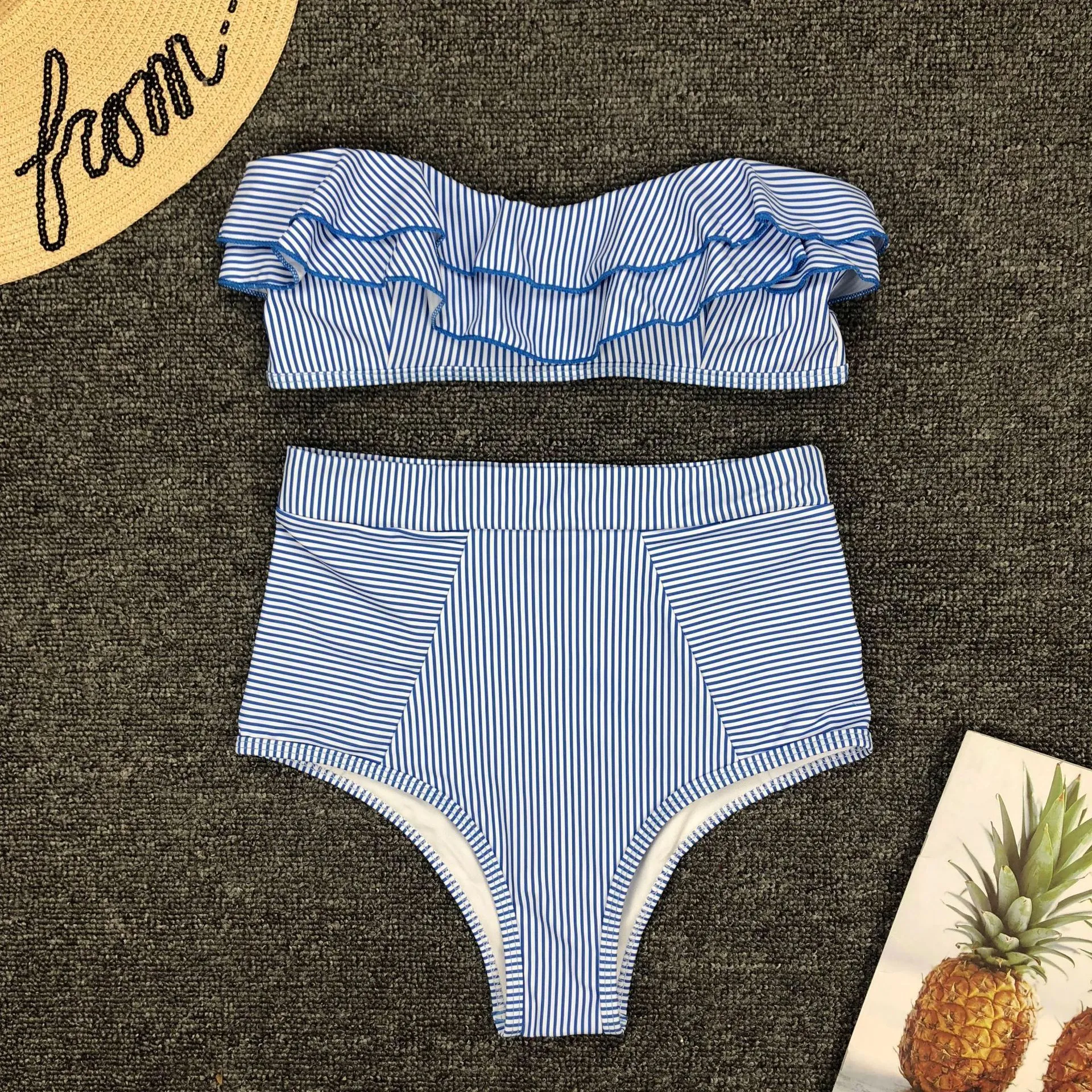 Ruffled Irregular Striped Swimsuit