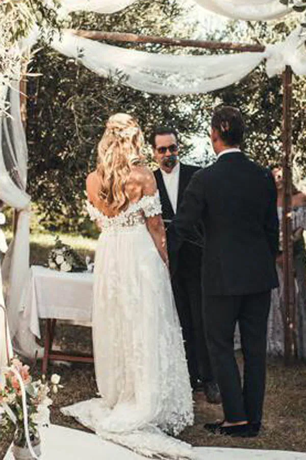 Rustic Lace Off the Shoulder Ivory Beach Wedding Dresses,MW271