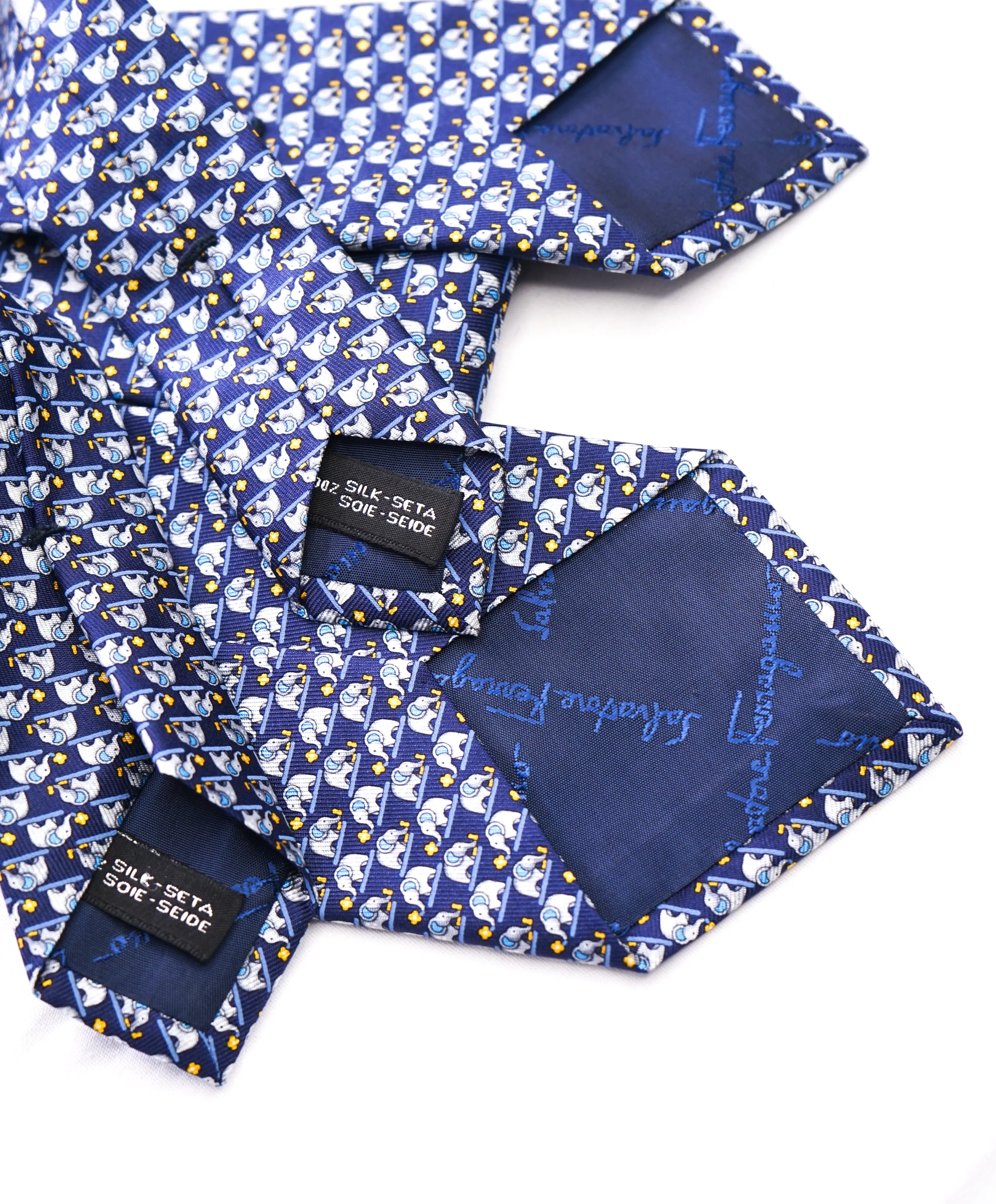 SALVATORE FERRAGAMO  - *Father & Son Set* Navy/Yellow Elephant Tie  -