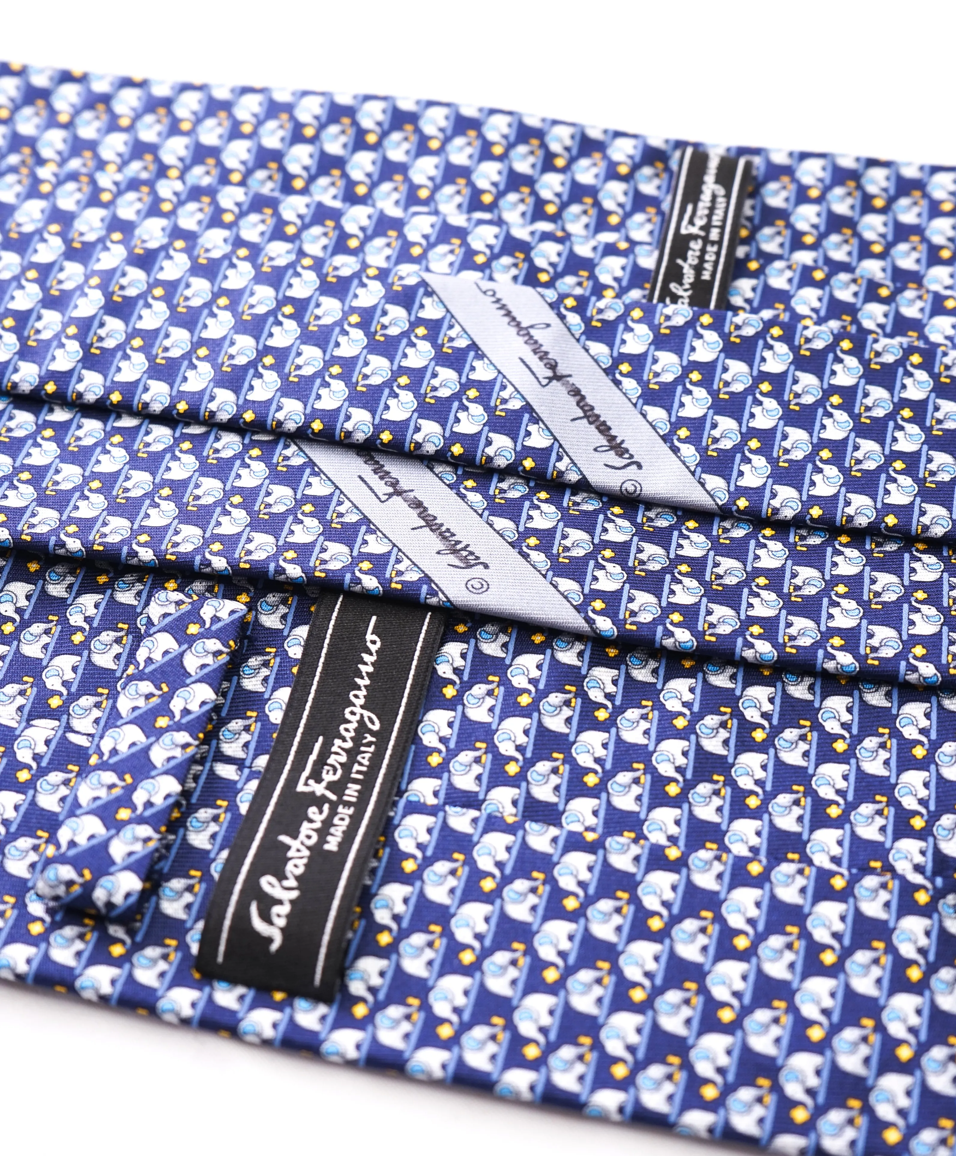 SALVATORE FERRAGAMO  - *Father & Son Set* Navy/Yellow Elephant Tie  -